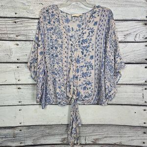 Lovestitch L Blue White Floral Boho Tie Front Kimono Top
